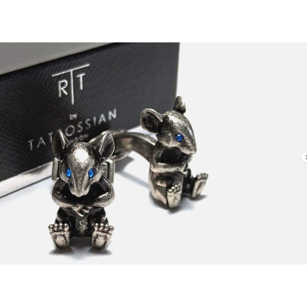 $425 NIB Tac176 Tateossian Cufflinks Mouse Mechanical Blue Eye Antique Silver